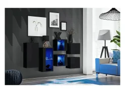 Price Factory Conjunto de móveis para sala de estar SWITCH SBIV design. Cor preta brilhante. Sistema LED integrado.^ Prateleira