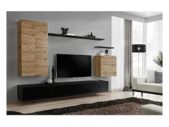Móvel De Tv|Price Factory Conjunto de móveis para sala de estar SWITCH II design, cores carvalho wotan e preto. Acabamentos com efeito de carvalho fresado e preto brilhante. Castanho