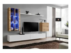 Móvel De Tv|Price Factory Conjunto de móveis para sala de estar SWITCH XII, design mural, nas cores brilhante e carvalho Wotan. Branco