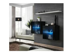 Móvel De Tv|Price Factory Conjunto de móveis para sala de estar SWITCH SBIII, design moderno, na cor preta brilhante com porta de vidro e sistema de LED integrado, prateleira branca. Preto