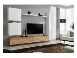 Móvel De Tv*Price Factory Conjunto de móveis para sala de estar SWITCH VIII. Painel de TV design, nas cores carvalho Wotan e branco brilhante. Castanho