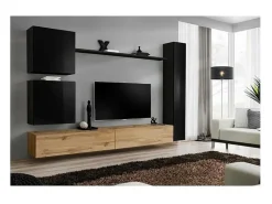 Móvel De Tv*Price Factory Conjunto de móveis para sala de estar, de parede, SWITCH VIII. Móvel de TV de parede design, em cores carvalho Wotan e preto brilhante. Castanho