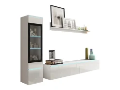 Conjunto de móveis para sala 3 elementos com LED – rack 180 cm, vitrine e prateleira, corpo fosco, frentes brilho^ Móvel De Tv