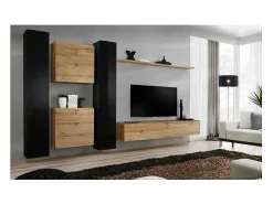 Móvel De Tv*Price Factory Conjunto de móveis suspensos para sua sala de estar, coleção SWITCH VI. Cores em carvalho Wotan e preto brilhante. Castanho