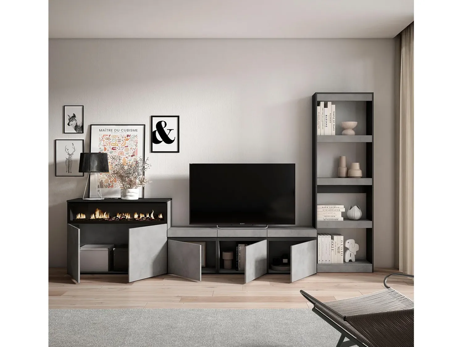 Skraut Home Conjunto de móveis TV, 310x35x186cm, Para televisores até 65", Lareira eléctrica, Cimento^ Móvel De Tv