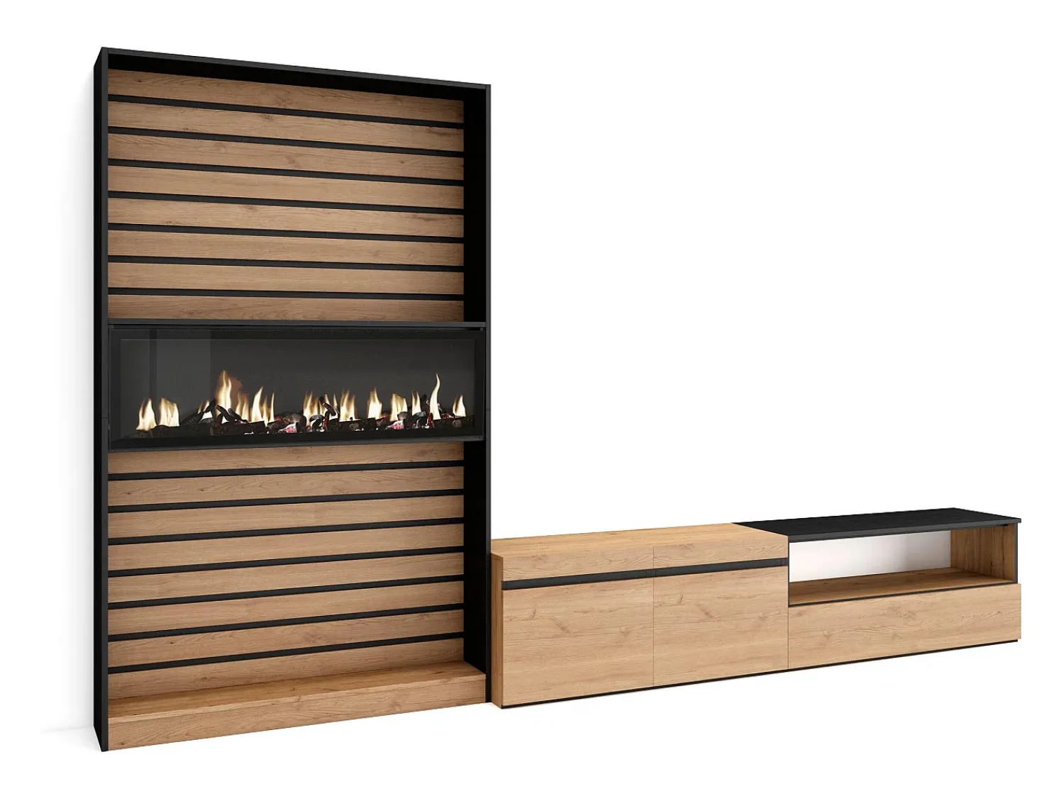 Skraut Home Conjunto de móveis TV, 310x35x186cm, Para televisores até 80", Lareira eléctrica, Carvahlo e preto^ Móvel De Tv