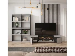 Skraut Home Conjunto de móveis TV, 320x35x186cm, Para televisores até 80", Lareira eléctrica, Cimento^ Móvel De Tv