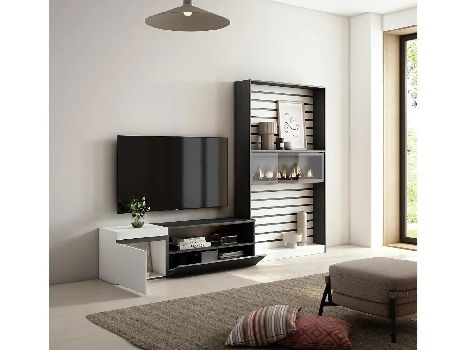 Skraut Home Conjunto de móveis TV, 260x35x186cm, Para televisores até 65", Lareira eléctrica, e preto^ Móvel De Tv