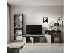 Skraut Home Conjunto de móveis TV, 310x35x186cm, Para televisores até 65", Lareira eléctrica, Cimento^ Móvel De Tv