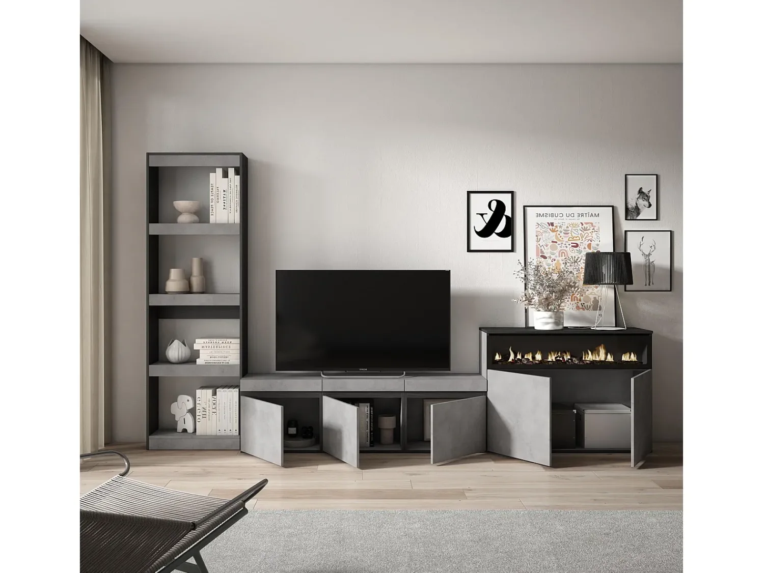 Skraut Home Conjunto de móveis TV, 310x35x186cm, Para televisores até 65", Lareira eléctrica, Cimento^ Móvel De Tv