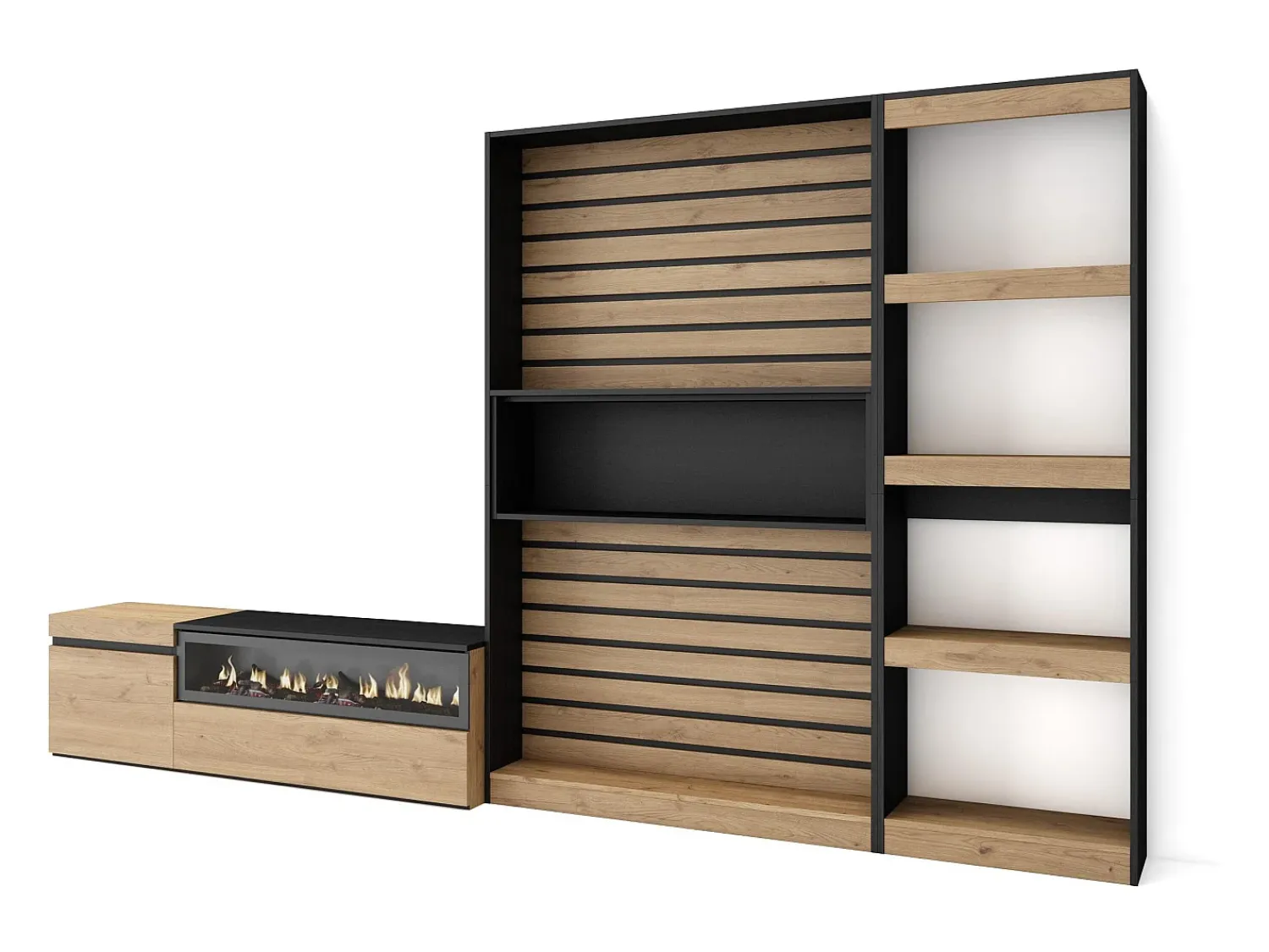 Móvel De Tv*Skraut Home Conjunto de móveis TV, 320x35x186cm, Lareira eléctrica, Carvahlo e preto Natural claro
