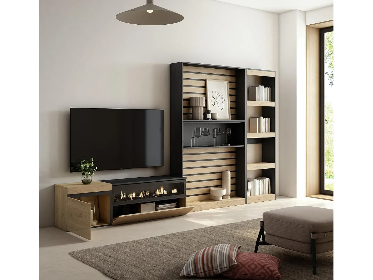 Móvel De Tv*Skraut Home Conjunto de móveis TV, 320x35x186cm, Lareira eléctrica, Carvahlo e preto Natural claro