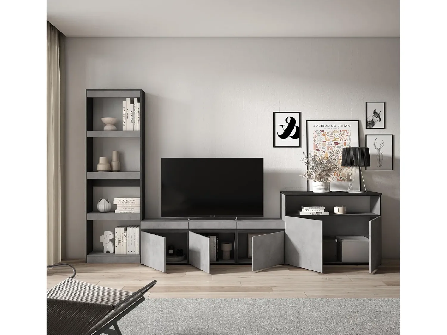 Skraut Home Conjunto de móveis TV, 310x35x186cm, Para televisores até 65", Estante para TV, Cimento^ Móvel De Tv