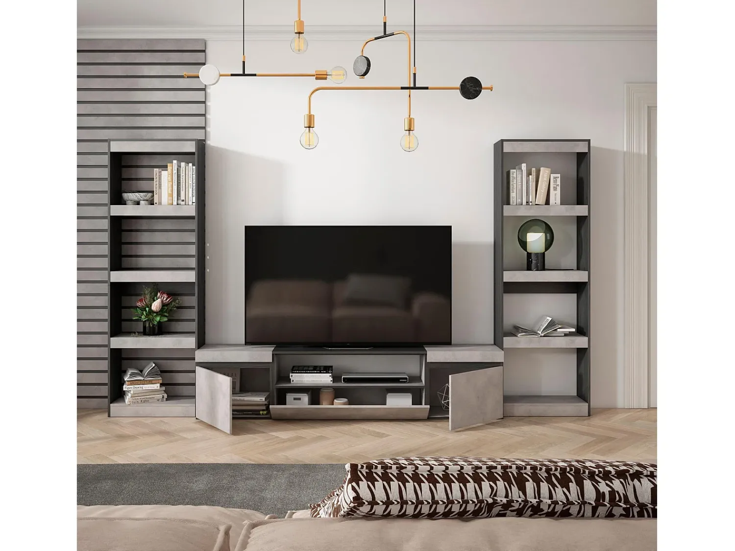 Skraut Home Conjunto de móveis TV, 320x35x186cm, Para televisores até 80", Estante para TV, Cimento^ Móvel De Tv
