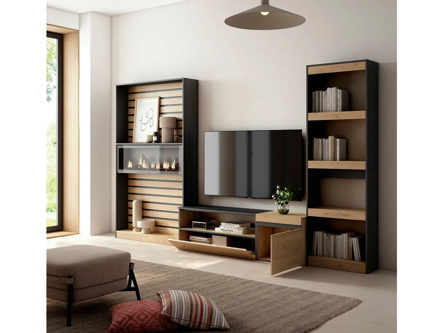 Skraut Home Conjunto de móveis TV, 320x35x186cm, Lareira eléctrica, Carvahlo e preto^ Móvel De Tv