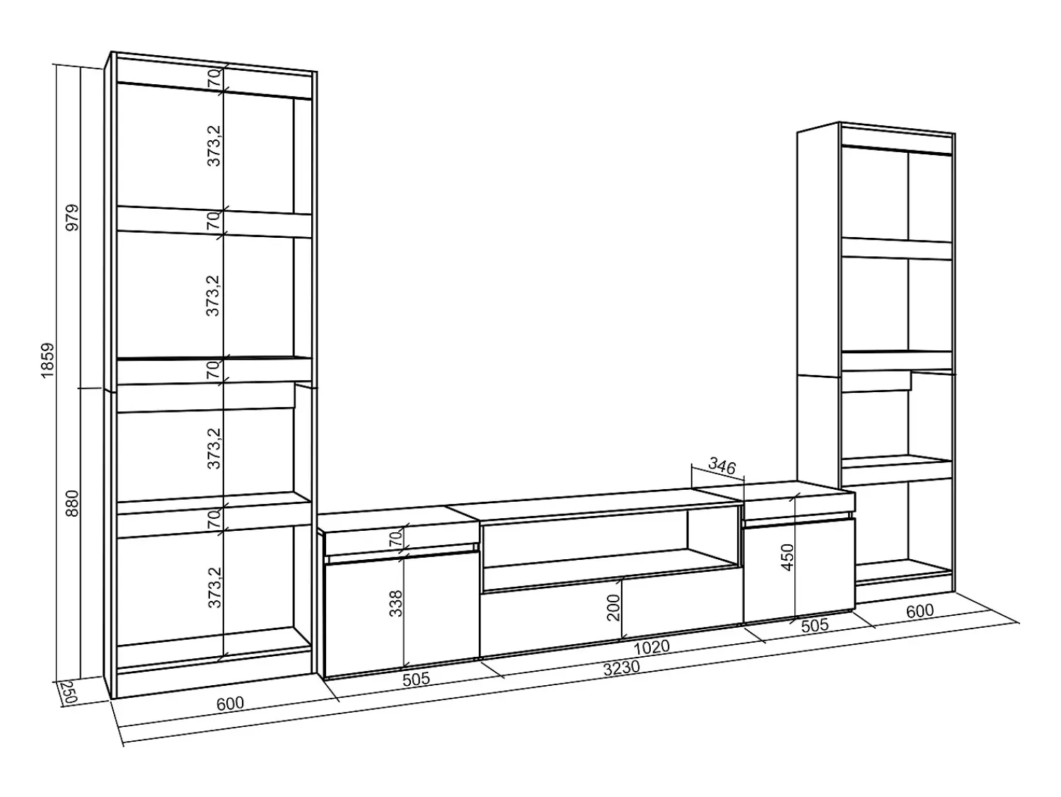 Skraut Home Conjunto de móveis TV, 320x35x186cm, Para televisores até 80", Estante para TV, Carvahlo e preto^ Móvel De Tv