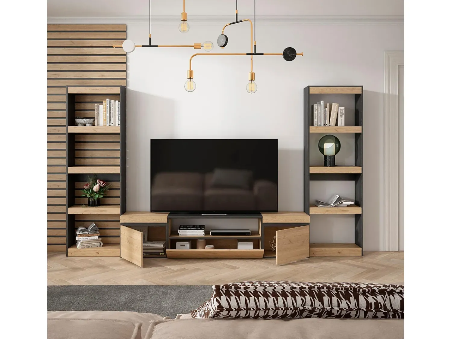 Skraut Home Conjunto de móveis TV, 320x35x186cm, Para televisores até 80", Estante para TV, Carvahlo e preto^ Móvel De Tv