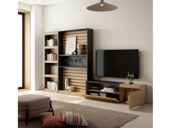 Skraut Home Conjunto de móveis TV, 320x35x186cm, Estante para TV, Carvahlo e preto^ Móvel De Tv
