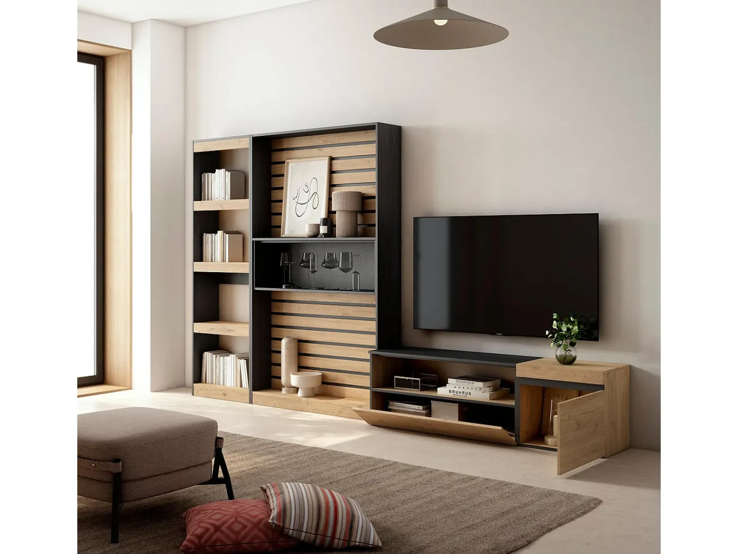 Skraut Home Conjunto de móveis TV, 320x35x186cm, Estante para TV, Carvahlo e preto^ Móvel De Tv