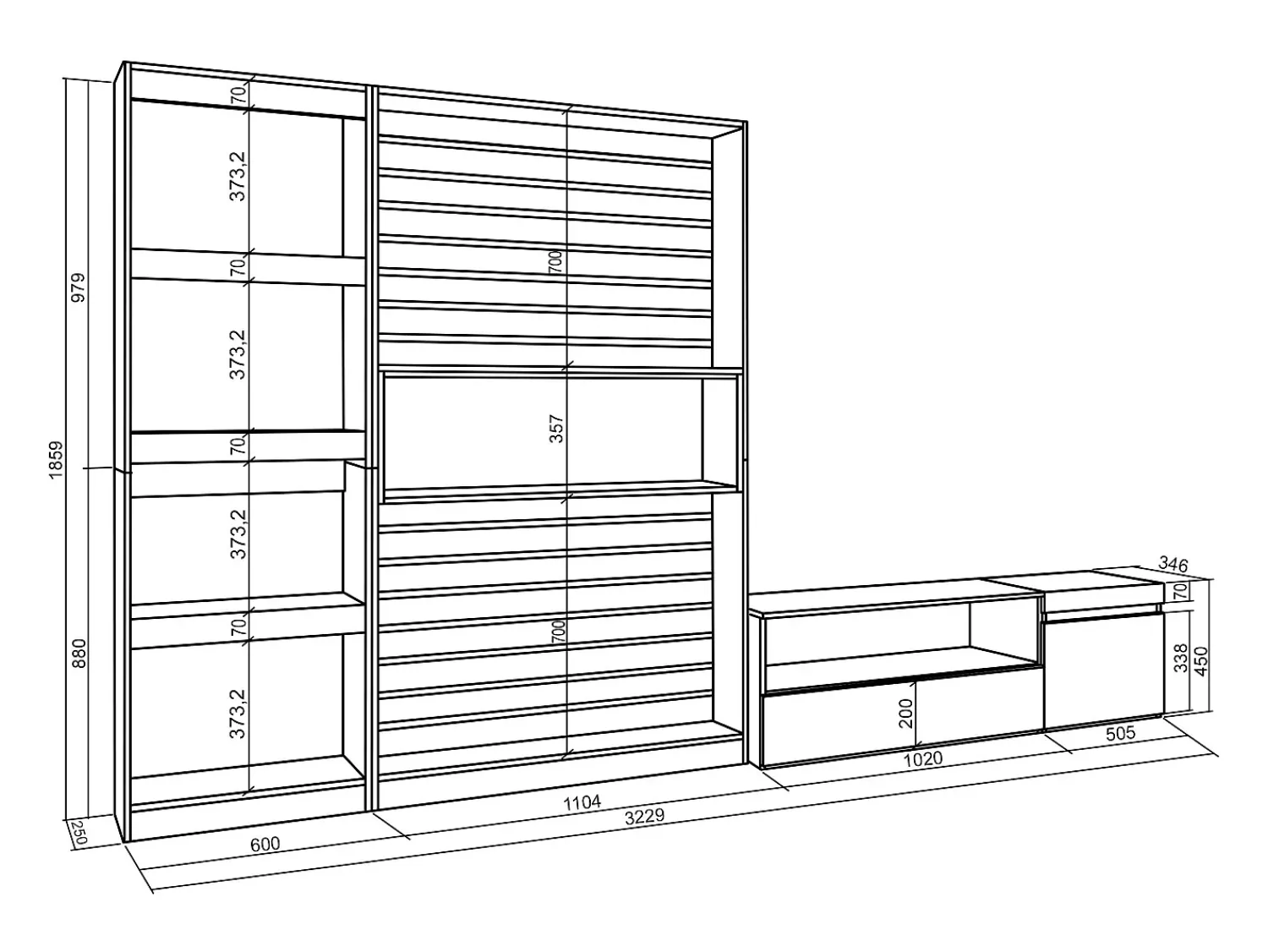 Skraut Home Conjunto de móveis TV, 320x35x186cm, Estante para TV, Carvahlo e preto^ Móvel De Tv