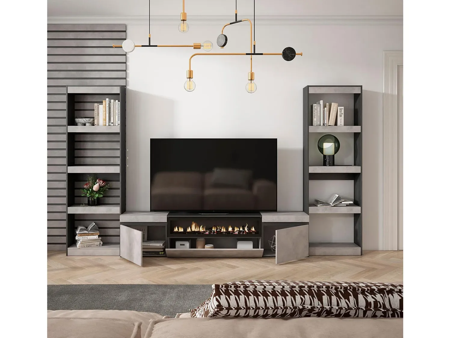 Móvel De Tv|Skraut Home Conjunto de móveis TV, 320x35x186cm, Para televisores até 80", Lareira eléctrica, Cimento Cinzento