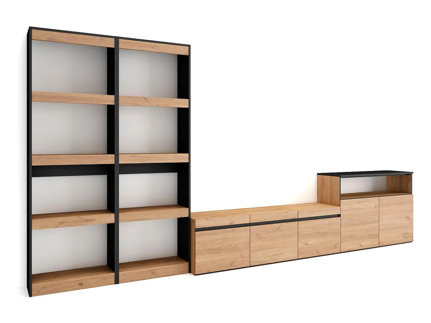 New Skraut Home Conjunto de móveis TV, 370x35x186cm, Para televisores até 65", Estante para TV, Carvahlo e preto Natural claro