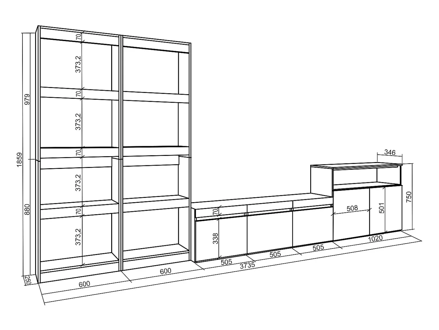 New Skraut Home Conjunto de móveis TV, 370x35x186cm, Para televisores até 65", Estante para TV, Carvahlo e preto Natural claro