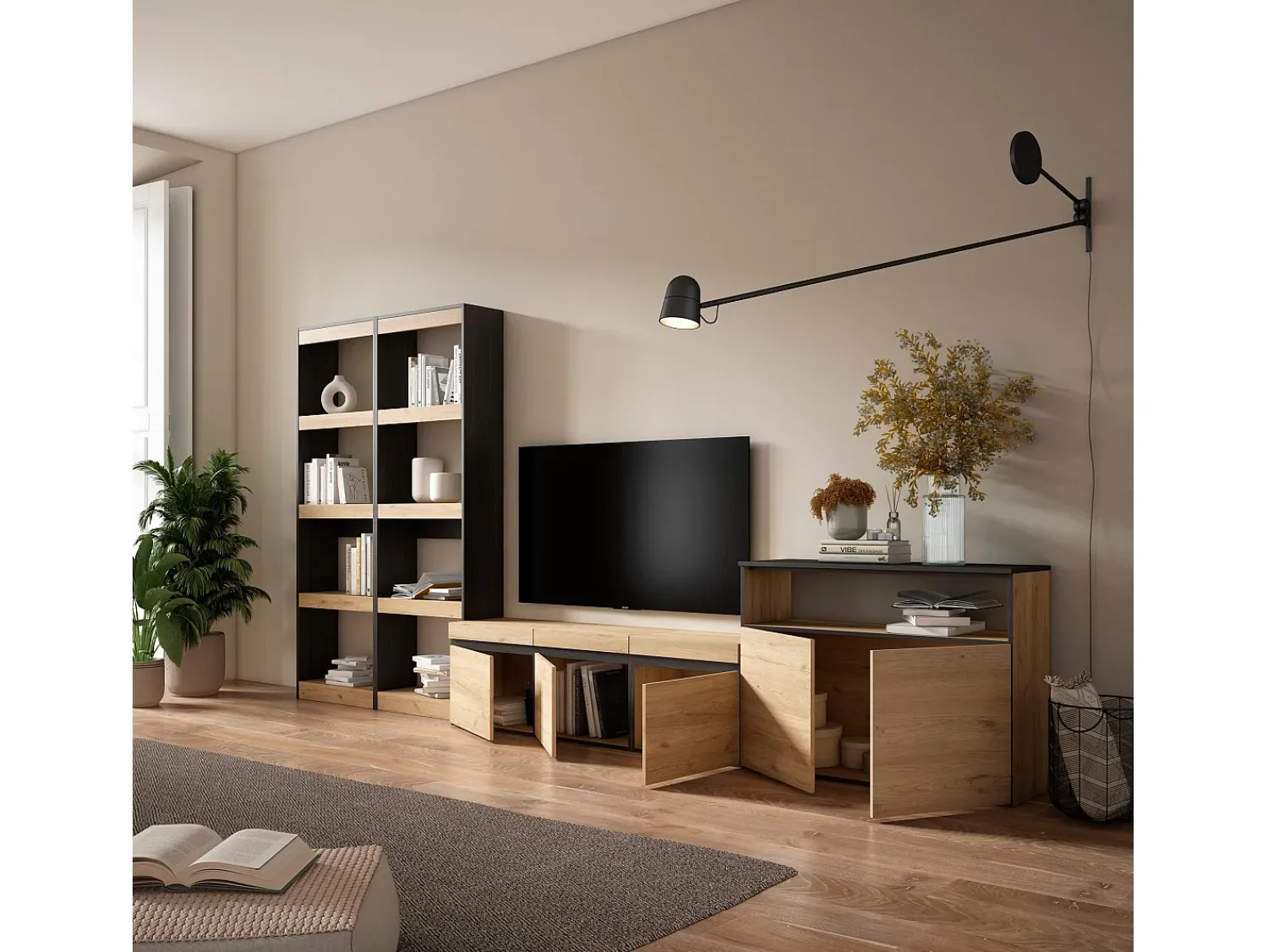 New Skraut Home Conjunto de móveis TV, 370x35x186cm, Para televisores até 65", Estante para TV, Carvahlo e preto Natural claro