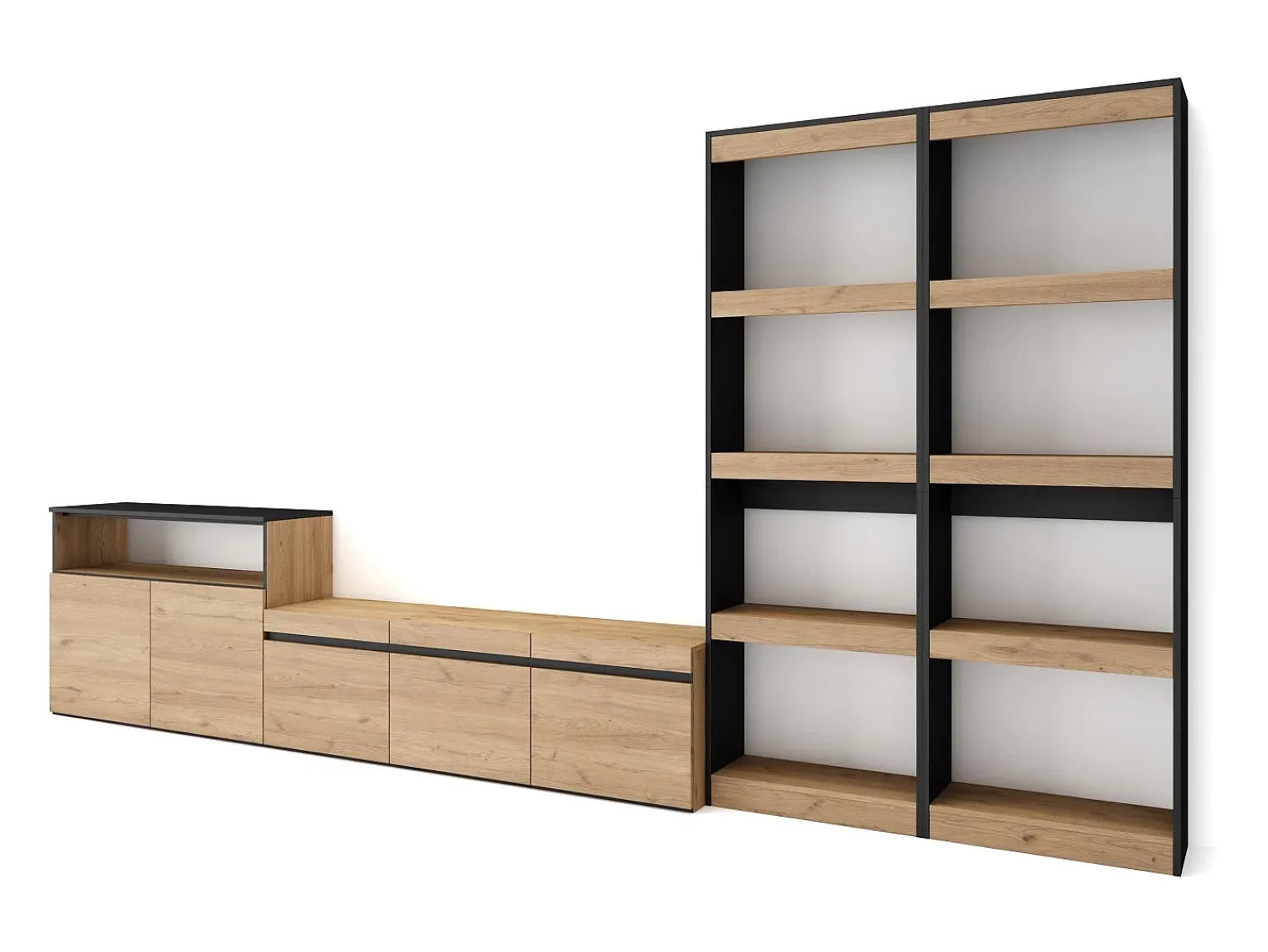 Skraut Home Conjunto de móveis TV, 370x35x186cm, Para televisores até 65", Estante para TV, Carvahlo e preto^ Móvel De Tv