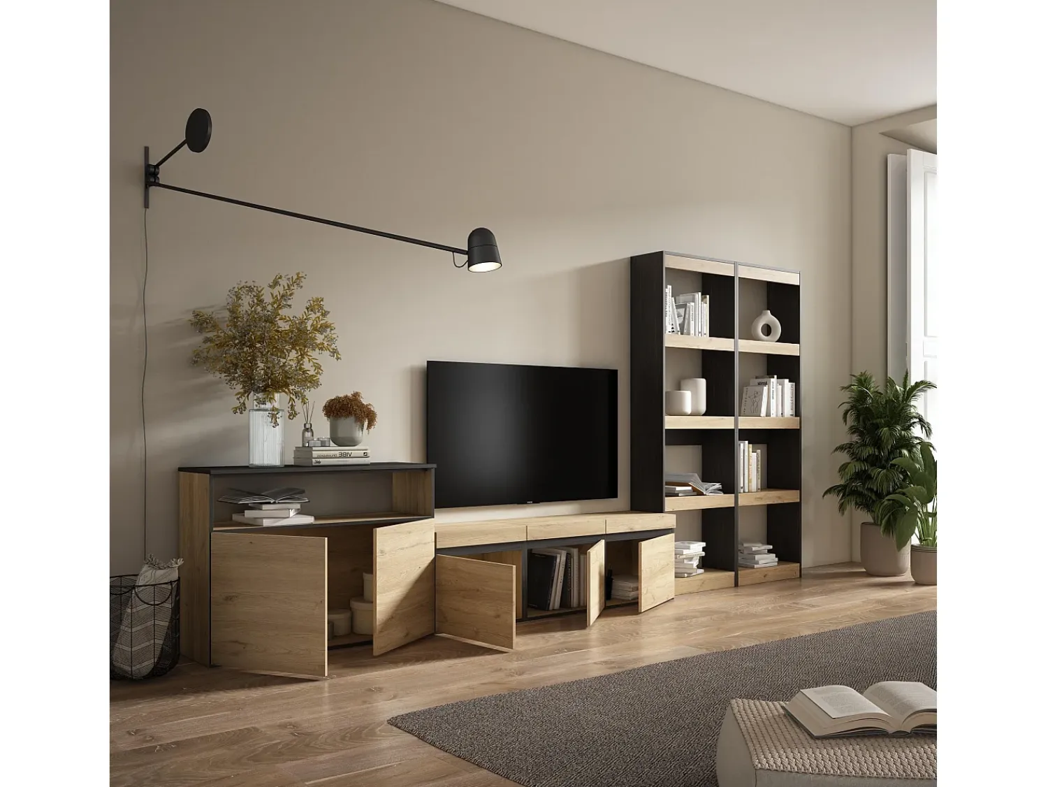 Skraut Home Conjunto de móveis TV, 370x35x186cm, Para televisores até 65", Estante para TV, Carvahlo e preto^ Móvel De Tv