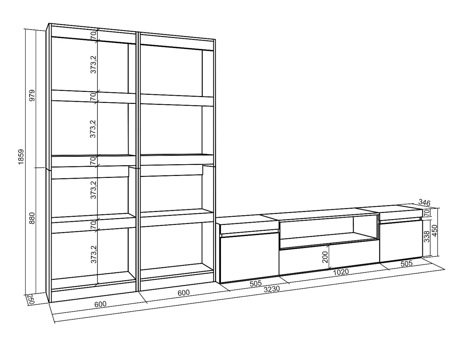 Móvel De Tv*Skraut Home Conjunto de móveis TV, 320x35x186cm, Para televisores até 80", Estante para TV, Cimento Cinzento