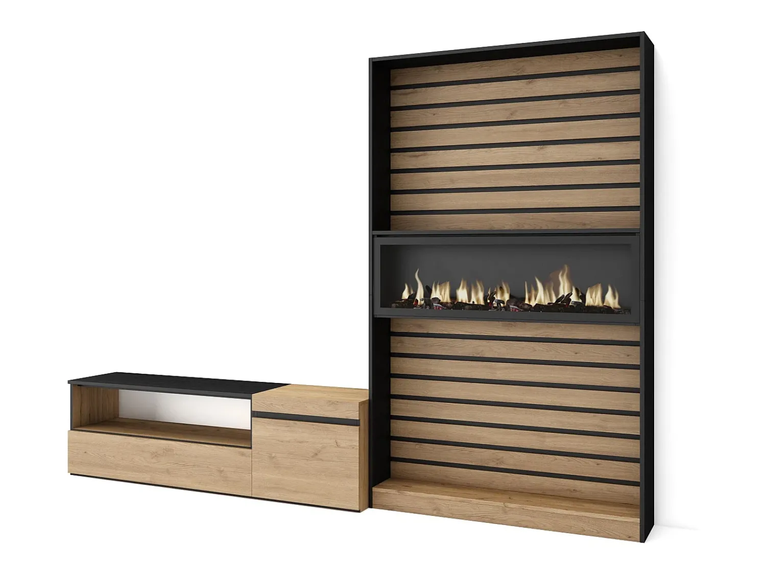Skraut Home Conjunto de móveis TV, 260x35x186cm, Para televisores até 65", Lareira eléctrica, Carvahlo e preto Natural claro