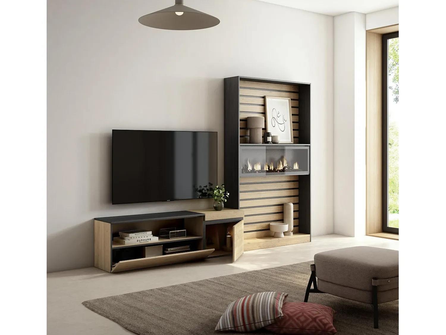 Skraut Home Conjunto de móveis TV, 260x35x186cm, Para televisores até 65", Lareira eléctrica, Carvahlo e preto Natural claro