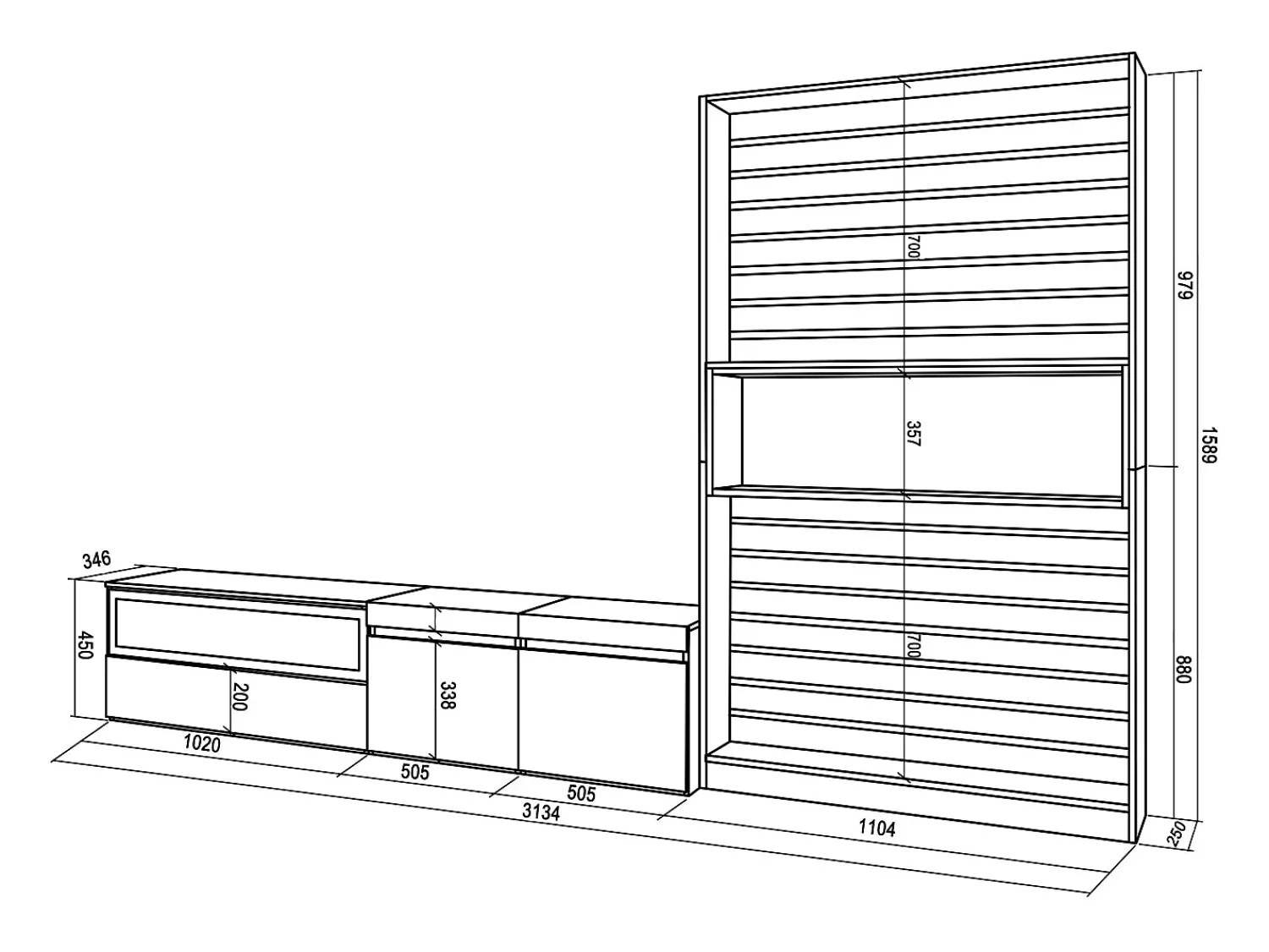 Móvel De Tv|Skraut Home Conjunto de móveis TV, 310x35x186cm, Para televisores até 80", Estante para TV, e preto Branco