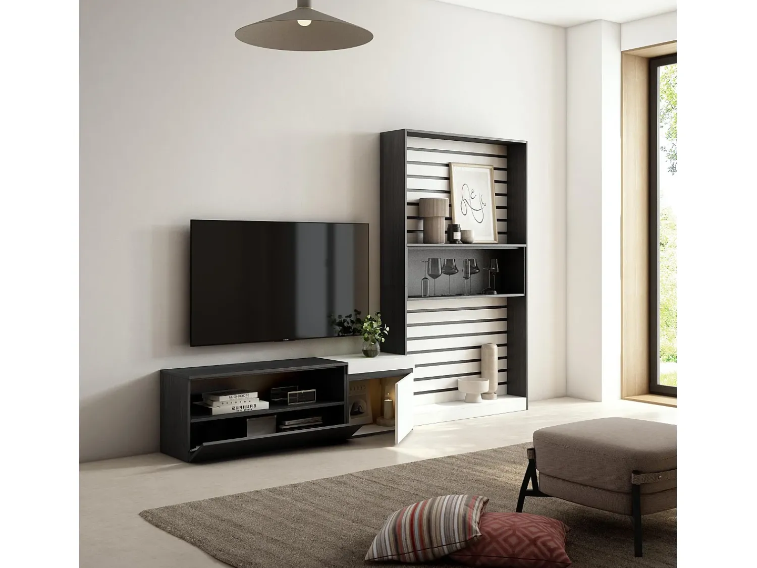 Skraut Home Conjunto de móveis TV, 260x35x186cm, Para televisores até 65", Estante para TV, e preto^ Móvel De Tv