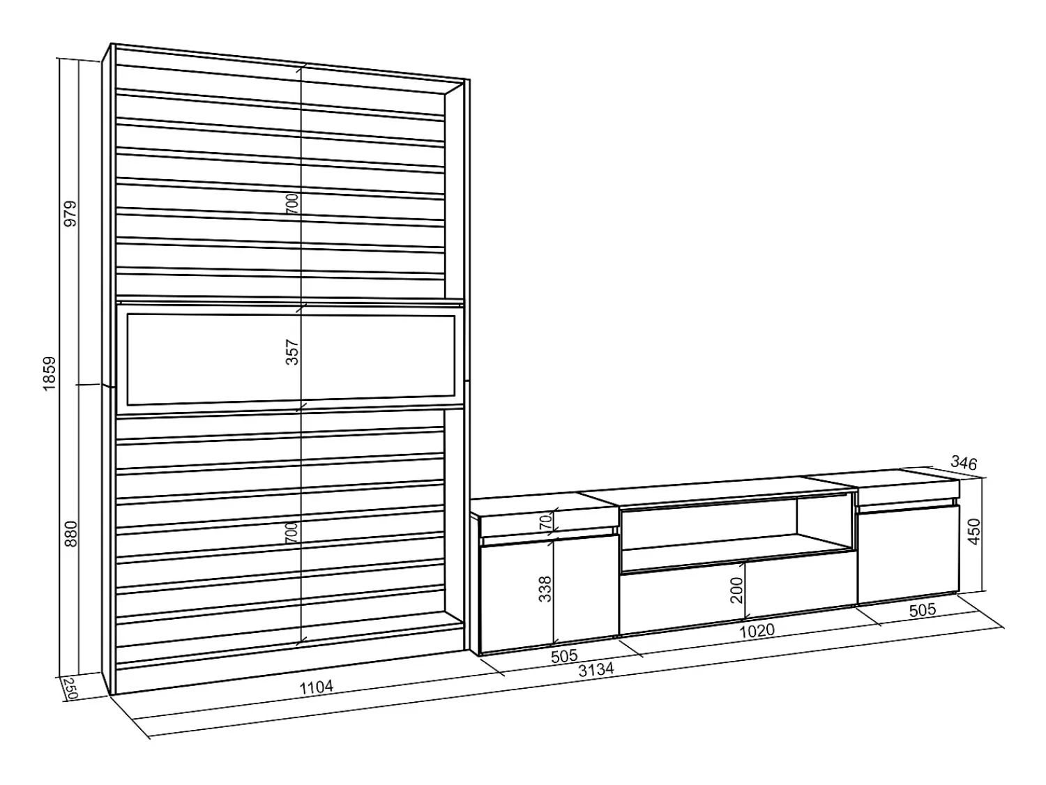 Skraut Home Conjunto de móveis TV, 310x35x186cm, Para televisores até 80", Lareira eléctrica, Carvahlo e preto^ Móvel De Tv