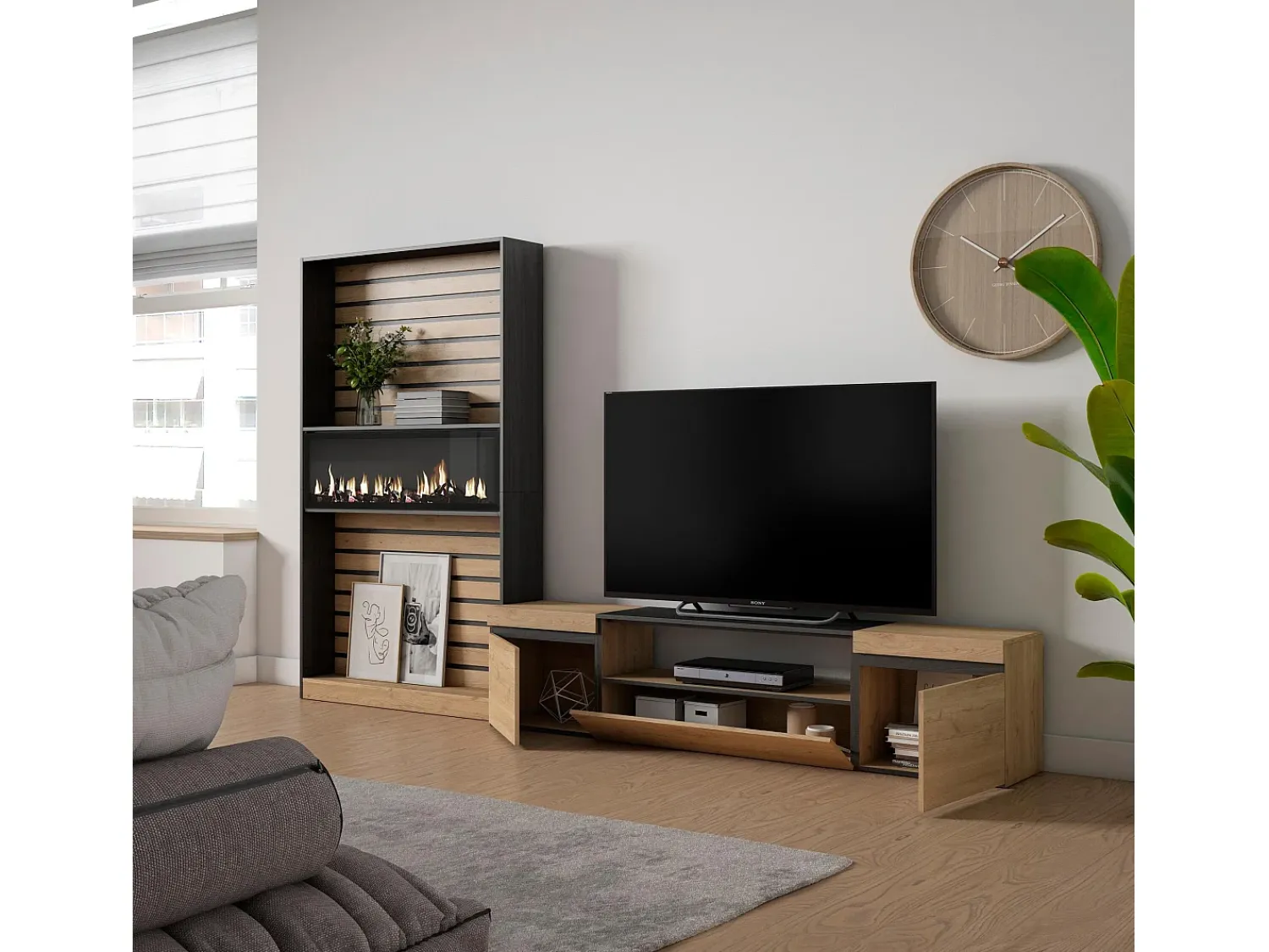 Skraut Home Conjunto de móveis TV, 310x35x186cm, Para televisores até 80", Lareira eléctrica, Carvahlo e preto^ Móvel De Tv