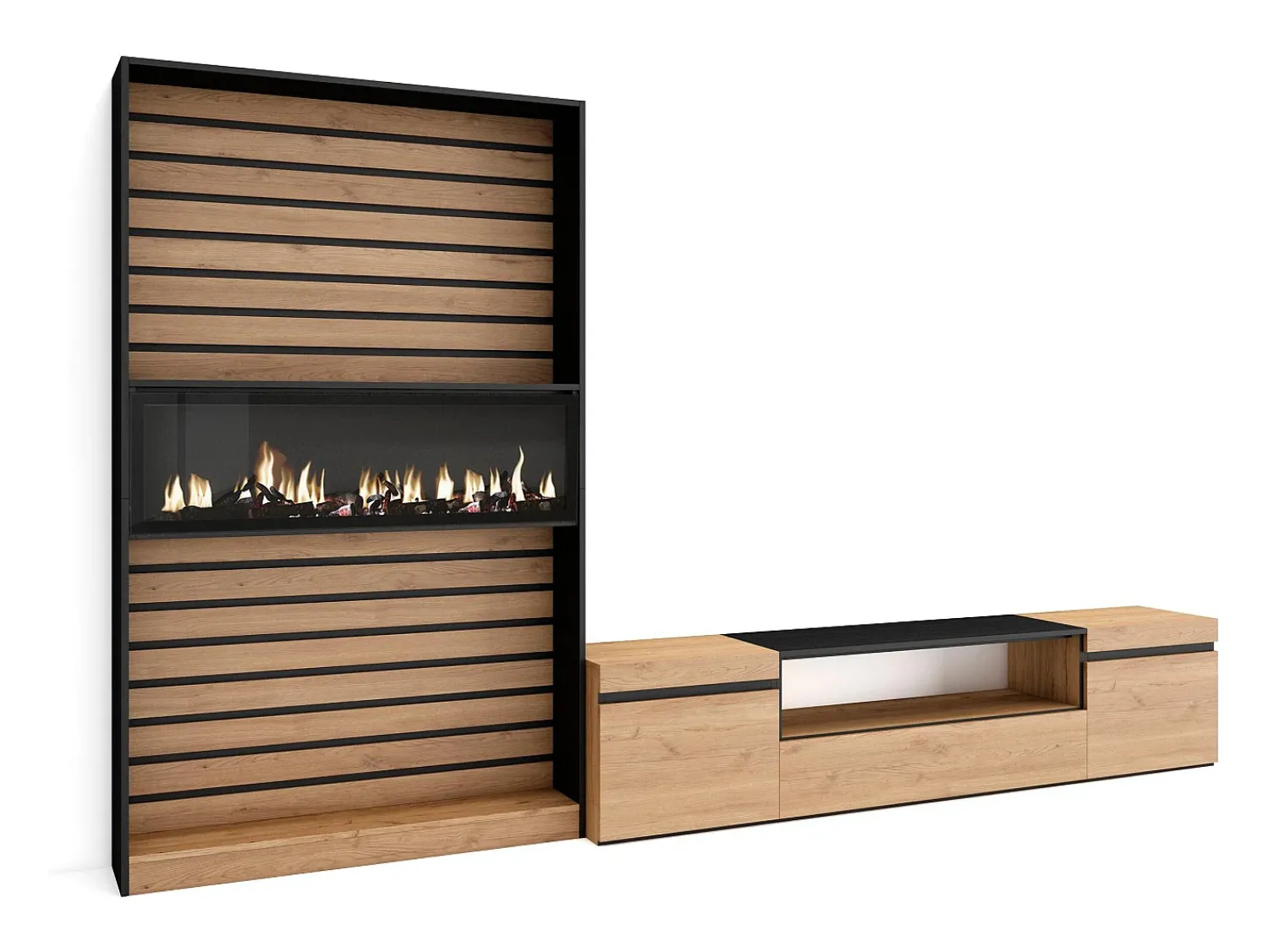 Skraut Home Conjunto de móveis TV, 310x35x186cm, Para televisores até 80", Lareira eléctrica, Carvahlo e preto^ Móvel De Tv