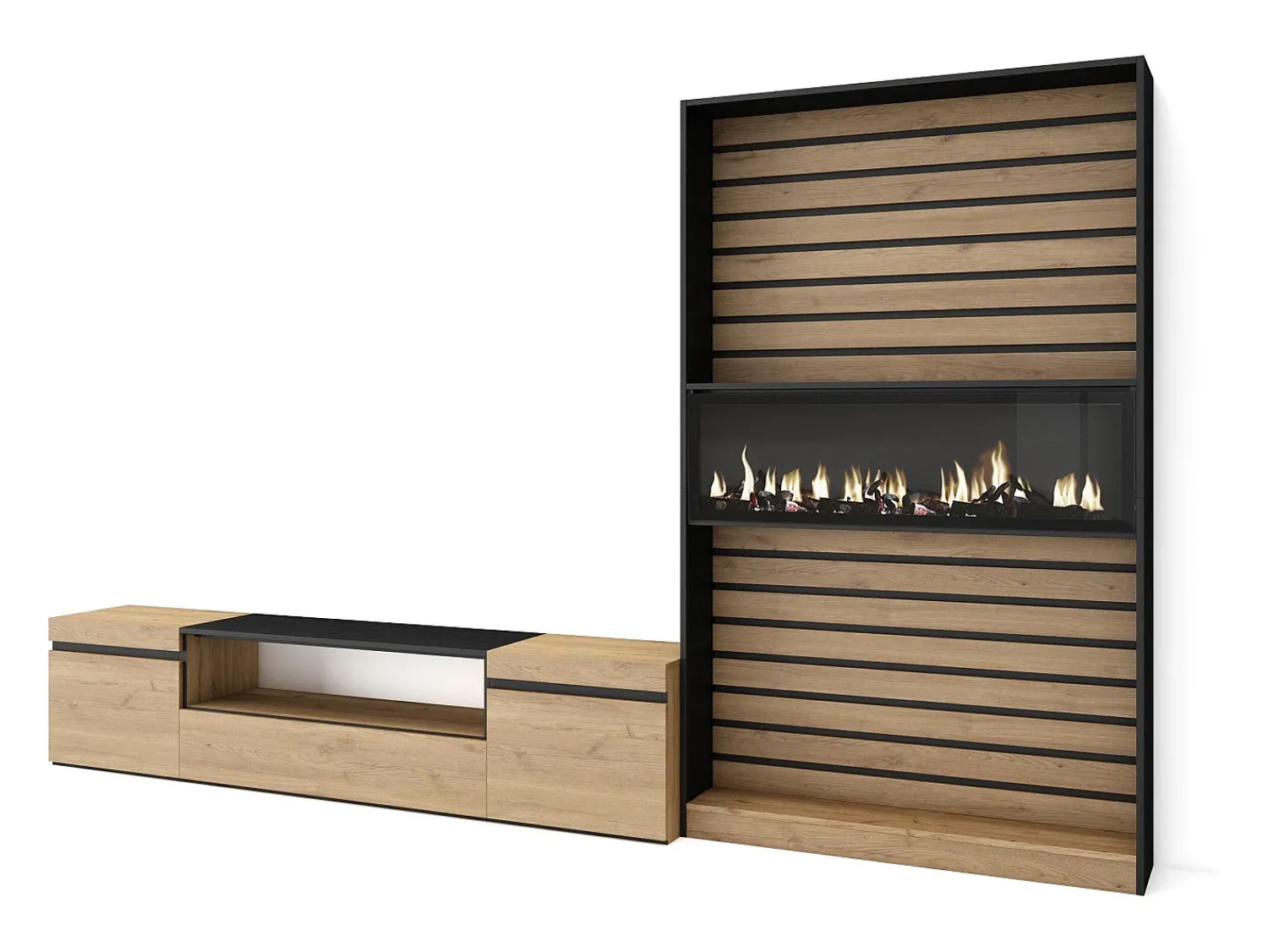 Móvel De Tv*Skraut Home Conjunto de móveis TV, 310x35x186cm, Para televisores até 80", Lareira eléctrica, Carvahlo e preto Natural claro
