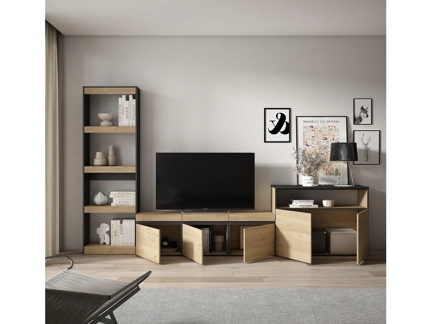 Skraut Home Conjunto de móveis TV, 310x35x186cm, Para televisores até 65", Estante para TV, Carvahlo e preto^ Móvel De Tv