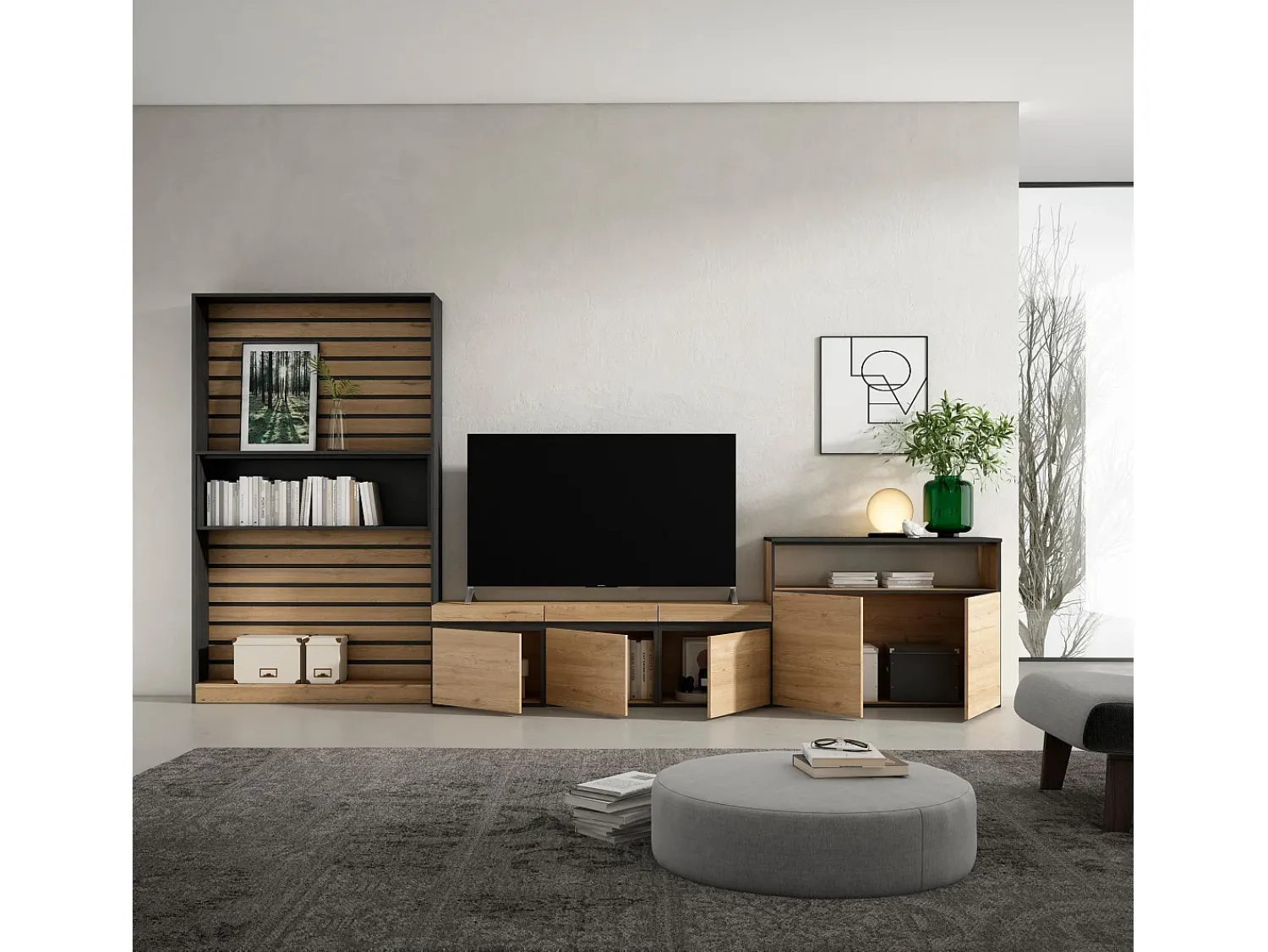 Móvel De Tv|Skraut Home Conjunto de móveis TV, 360x35x186cm, Para televisores até 65", Estante para TV, Carvahlo e preto Natural claro