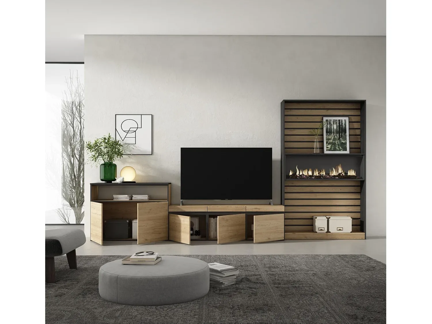 Móvel De Tv*Skraut Home Conjunto de móveis TV, 360x35x186cm, Para televisores até 65", Lareira eléctrica, Carvahlo e preto Natural claro