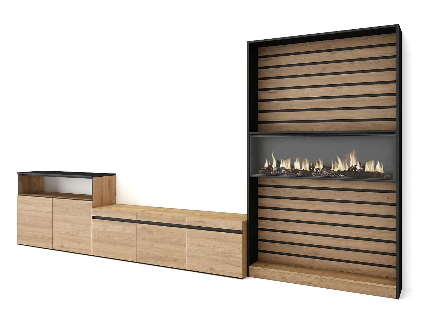 Móvel De Tv*Skraut Home Conjunto de móveis TV, 360x35x186cm, Para televisores até 65", Lareira eléctrica, Carvahlo e preto Natural claro