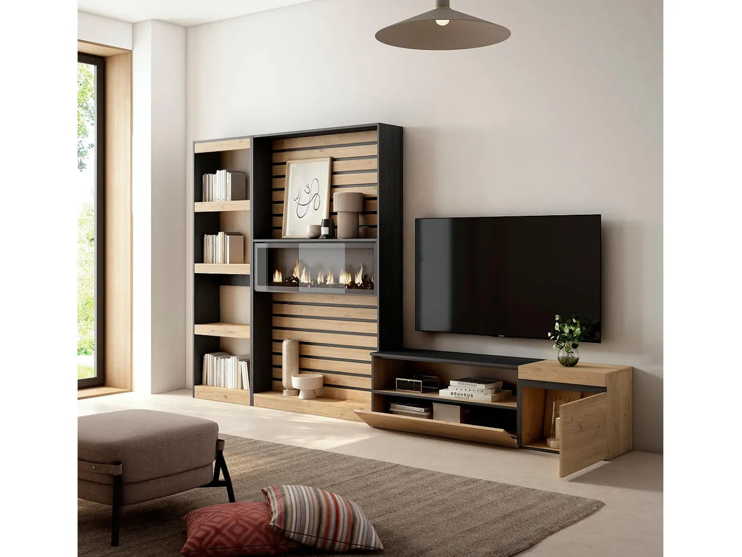 Móvel De Tv|Skraut Home Conjunto de móveis TV, 320x35x186cm, Lareira eléctrica, Carvahlo e preto Natural claro