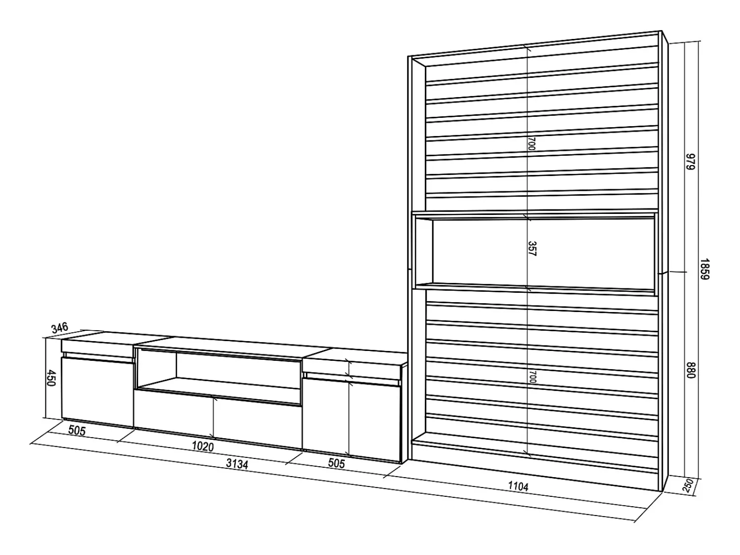 Móvel De Tv*Skraut Home Conjunto de móveis TV, 310x35x186cm, Para televisores até 80", Estante para TV, Carvahlo e preto Natural claro