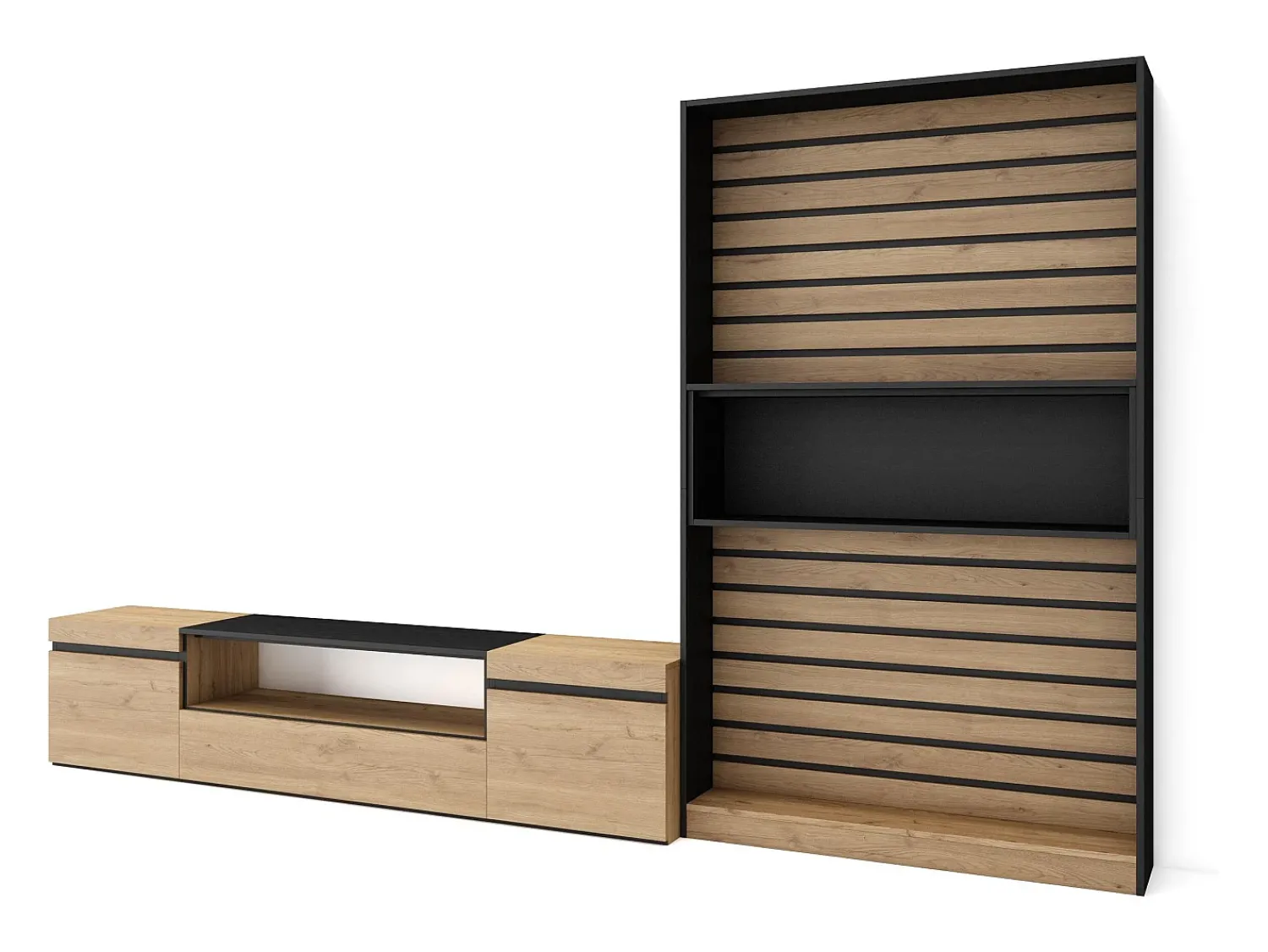 Móvel De Tv*Skraut Home Conjunto de móveis TV, 310x35x186cm, Para televisores até 80", Estante para TV, Carvahlo e preto Natural claro