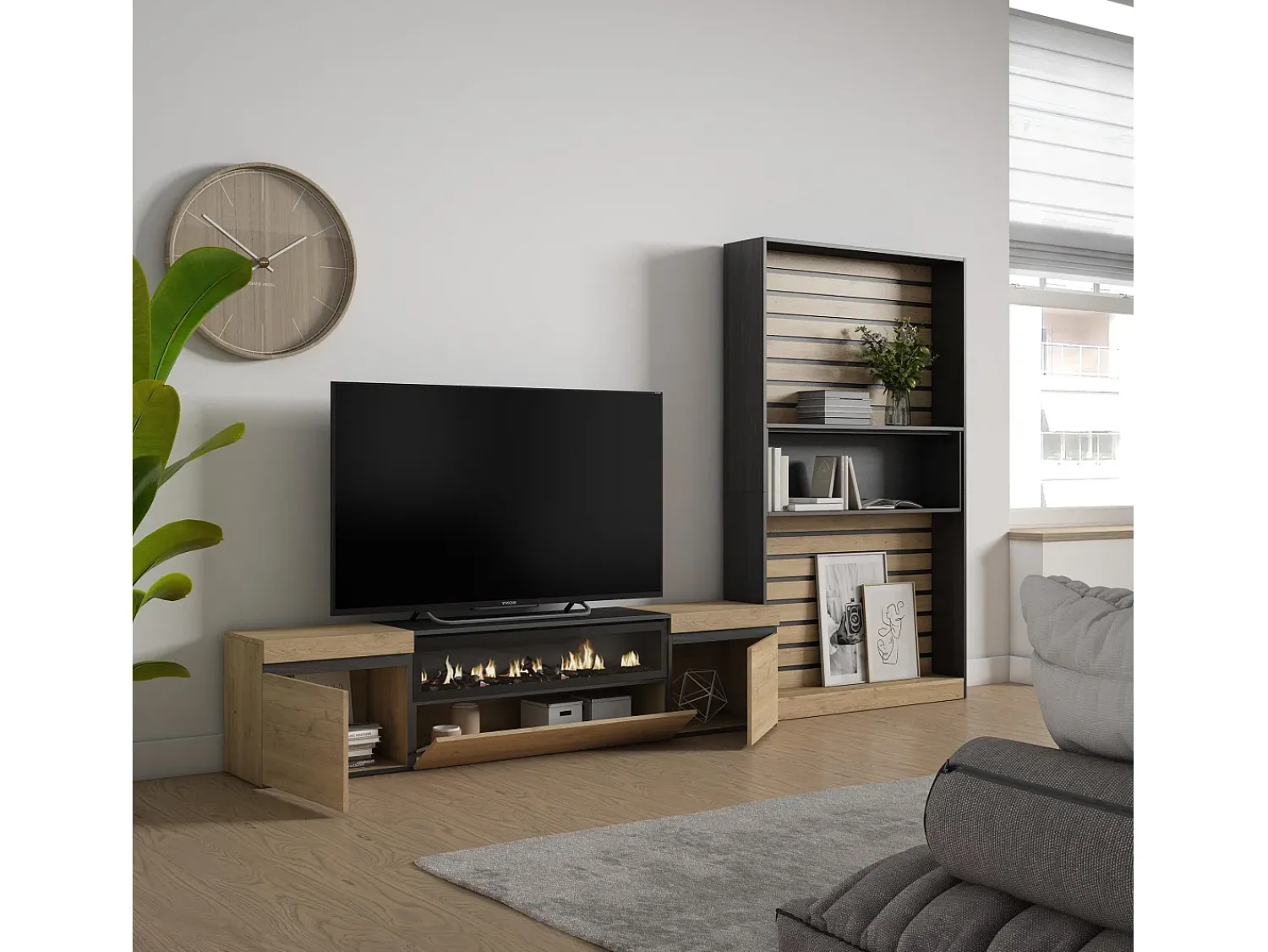 Móvel De Tv|Skraut Home Conjunto de móveis TV, 310x35x186cm, Para televisores até 80", Lareira eléctrica, Carvahlo e preto Natural claro