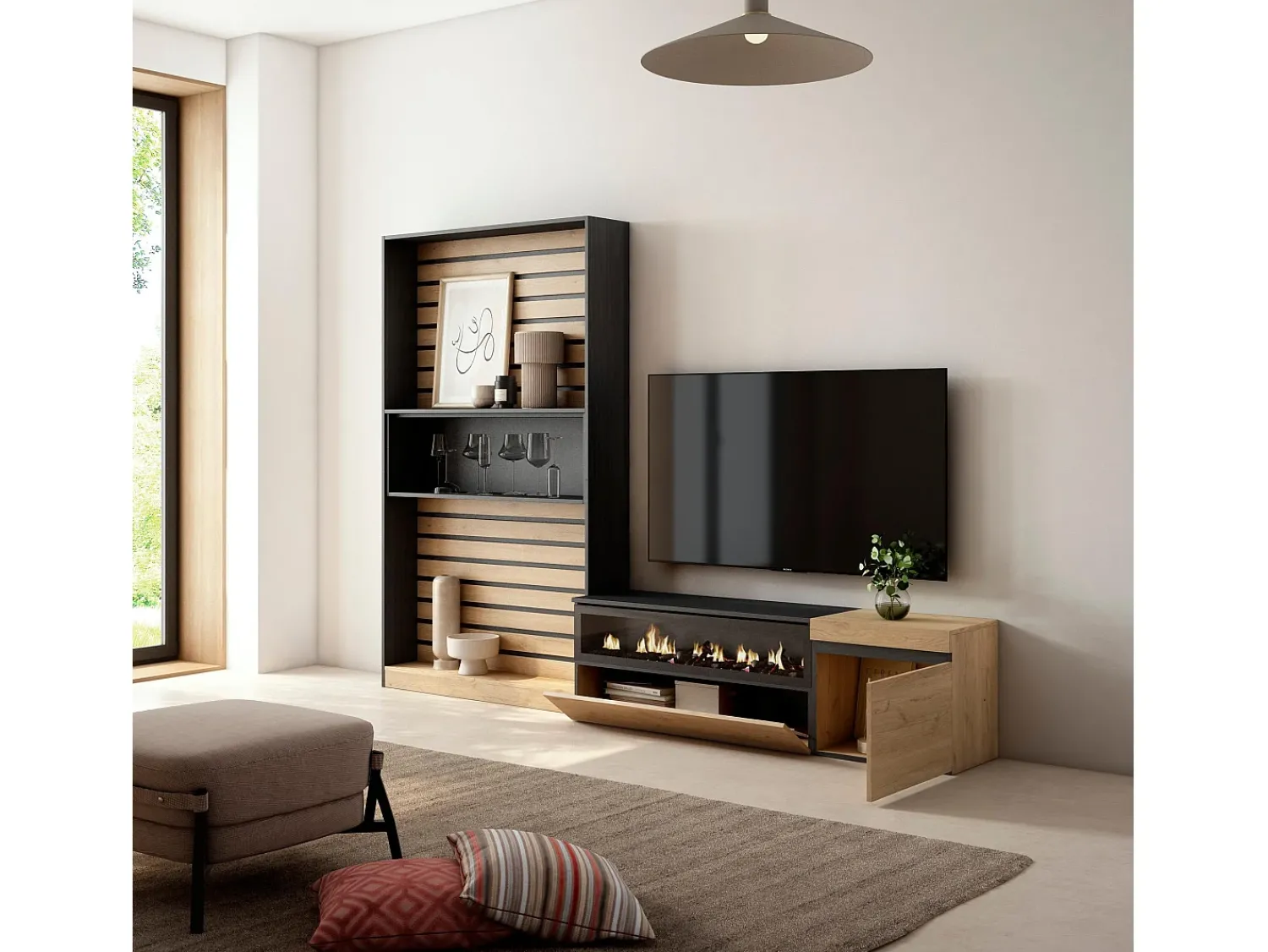 Skraut Home Conjunto de móveis TV, 260x35x186cm, Para televisores até 65", Lareira eléctrica, Carvahlo e preto^ Móvel De Tv