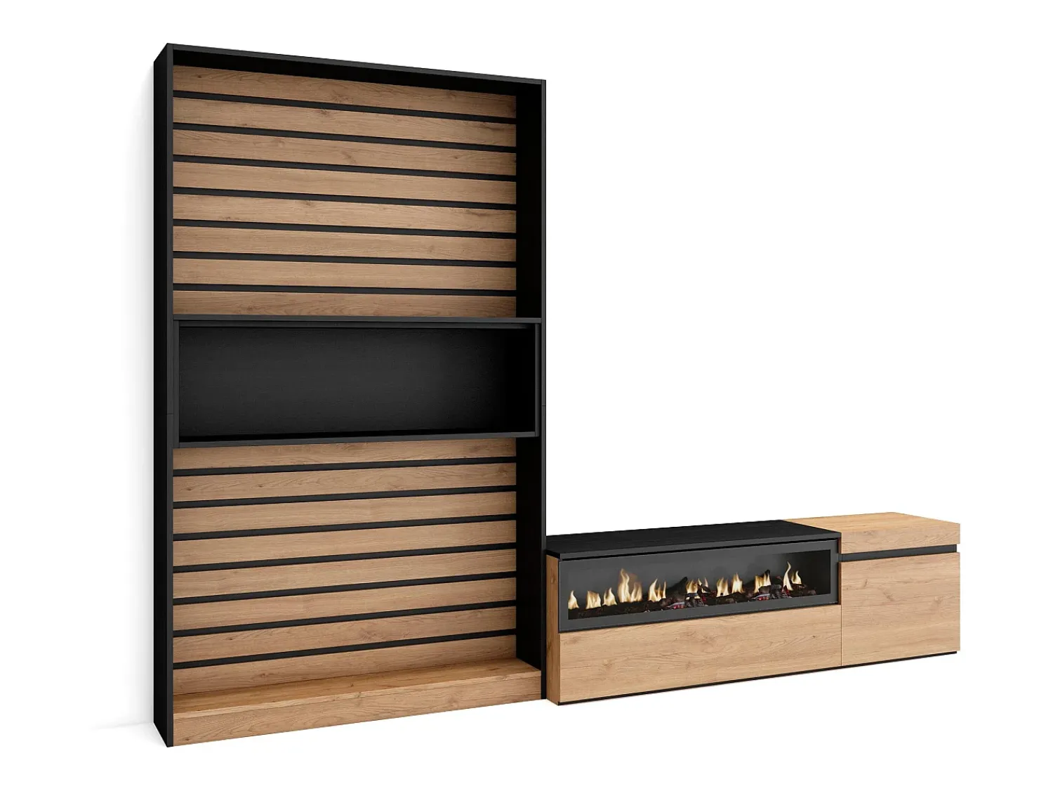 Skraut Home Conjunto de móveis TV, 260x35x186cm, Para televisores até 65", Lareira eléctrica, Carvahlo e preto^ Móvel De Tv