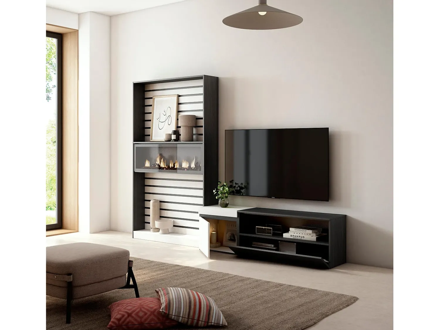 Móvel De Tv*Skraut Home Conjunto de móveis TV, 260x35x186cm, Para televisores até 65", Lareira eléctrica, e preto Branco